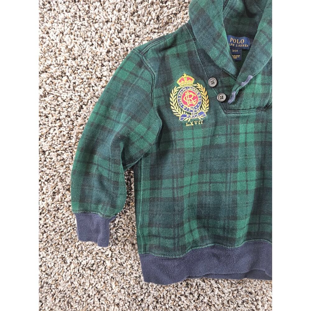Polo Ralph Lauren boy's green tartan plaid fleece Sweater Sz 3T Green Blue - Picture 2 of 5